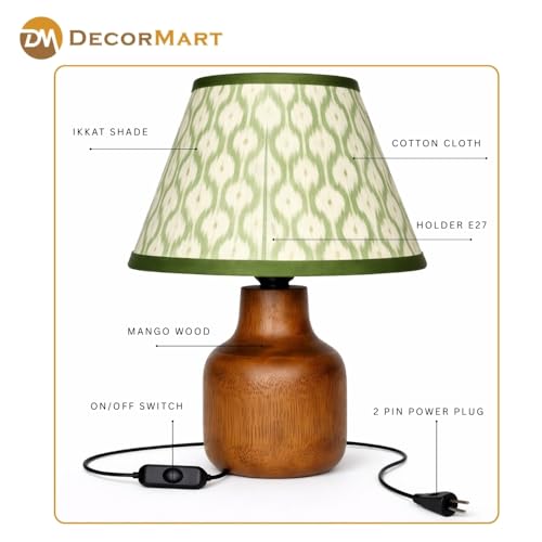 Image of The Decor Mart Printed Shade Table Lamp with Wooden Base|Sleek Decor Decorative Beside Light for Desk,Bedroom, Living Room, Home Office and Hotel(20x20x30 cm) (Green)