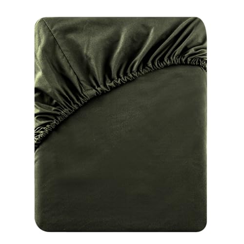 Soifox Super King Fitted Sheet Olive Green, Bed Sheets with Extra Deep Pocket 16 inch (40 cm)