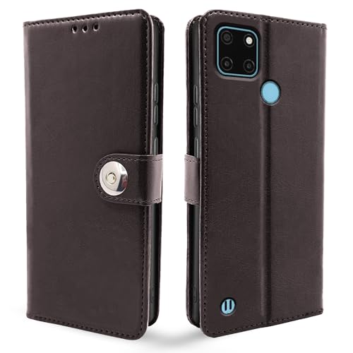 Image of Pikkme Realme C21y Flip Cover Leather Finish | Inside TPU with Card Pockets | Wallet Stand and Shock Proof | Complete Protection Button Flip Case (Coffee)