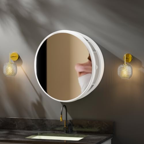Image of iSTAR Round Wall Mirror with Storage Shelf | Bathroom Vanity Cabinet with Hidden Storage Cabinet | Wall Mounted, Bathroom, Bedroom, Living Room