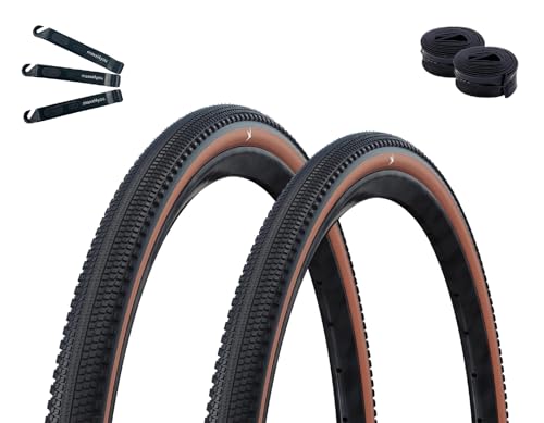 2 x Schwalbe G-One Comp Fahrradreifen Active K-Guard Green Compound E-25 Schwarz/Bronze 40-622 (28 x 1.50) + 2 x Schwalbe Schläuche SV17 Langventil 60 mm inkl. maxxi4you Reifenheber