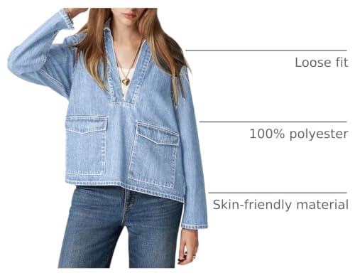 Image of Kedera Womens Denim Tops Pullover Trendy Casual V Neck Loose Fit Puff Sleeve Jean Western Shirts