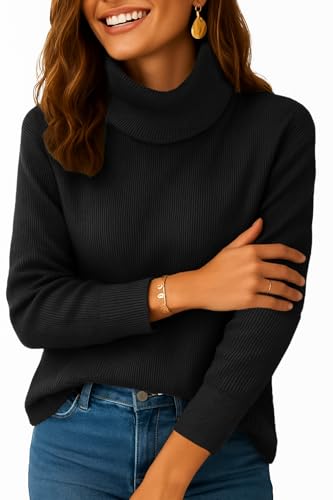 Zeagoo Jersey de mujer con cuello redondo para invierno, de punto, manga larga con cuello redondo, elegante, cálido, tops con cuello de tortuga para invierno, S-XXL, Negro , S