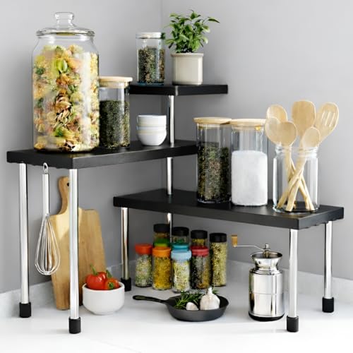 Image of ABJA Stylish Heavy Duty Kitchen Organizer Rack Stand, Corner Shelf for Kitchen, Bathroom & Office, Counter top organizer, 3 Tier Spice rack organiser (ABS Plastic with Stainless Steel Legs, Black)