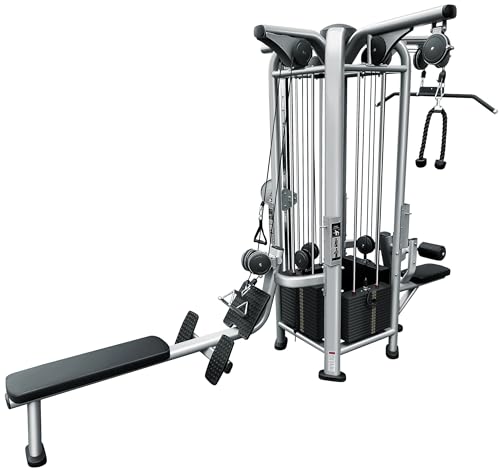 French Fitness FFS Silver 4 Stack Multi Jungle Gym – Adjustable Cable Crossover System, 4-Station Gym Machine, 264 lb & 198 lb Weight Stacks