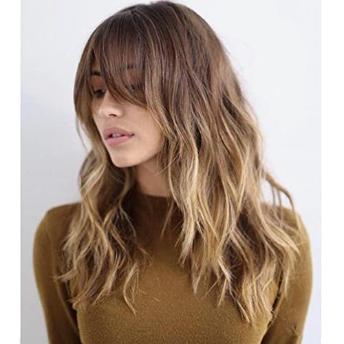 Brown to Blonde Bob Wavy Wigs with Bangs for Black Women Andromeda Women's Soft Short Curly Wave Hair Wigs Synthetic Shoulder Length Halloween Costumes Cosplay Wigs for Women (14", Brown to Blonde)