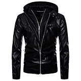  Elonglin Herren Motorradjacke mit Kapuze aus Kunstleder mit Reißverschluss Biker Mäntel mit Kapuze Jacke Hooded Jacke Langarm Winddicht Cavalier Coat Gr. 58 DE, B-Schwarz