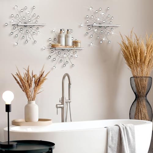 Image of Yaocom 3 Pcs Crystal Floating Shelves, Bling Sparkle Metal Starburst Wall Decor Shelves, Silver Wall Mounted Storage Shelf for Bedroom Bathroom Living Room Kitchen Office