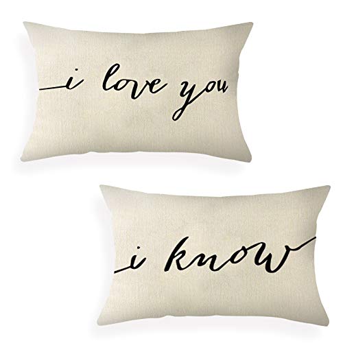 Ogiselestyle Lumbar Pillow Covers 12 x 20 Inch Set of 2 Farmhouse I Love You and I Know Quote Decorative Throw Pillow Covers with Quotes for Farmhouse Décor Housewarming Gifts for New Home