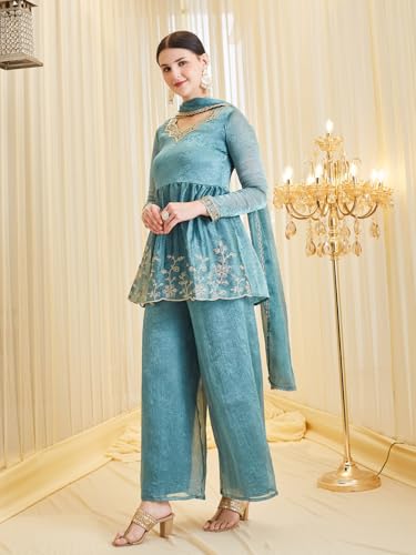 Image of MOKOSH Women's Silk Embroidered Kurta Set with Dupatta | Ethnic wear | 3 Piece Outfit | Festive Kurta Set | Peplum Kurti Sharara & Dupatta | Sweetheart Neck