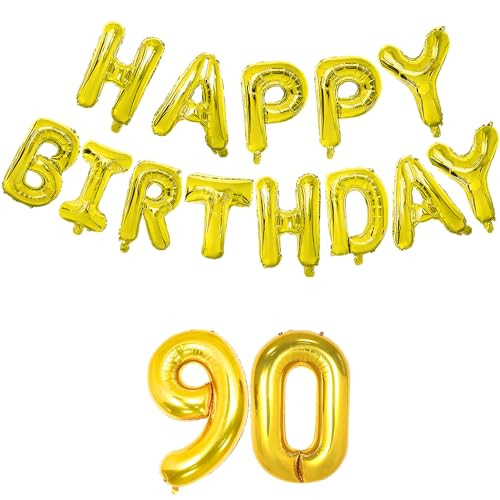 Image of Flyloons 90th Golden Colour Happy Birthday Foil Balloon Banner Set For 90 Year Old Men Women | With Number Ninety | 13 Letters Reusable Happy Birthday Metallic Foil Balloons Decoration Kit, 15 Pcs