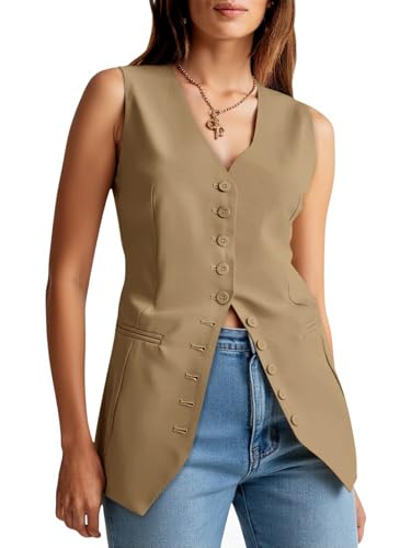 Cicy Bell Womens Button Down Suit Vests Casual Business V Neck Waistcoat Tops Summer Fitted Work Office Sleeveless Blazer