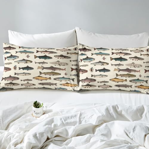 Image of jejeloiu Fish Bed Sheets Set Full Size Ocean Sea Animal Bed Set for Kids Boys Girls Marine Theme Deep Pocket Fitted Sheet Marine Theme Breathable Soft Lightweight Microfiber