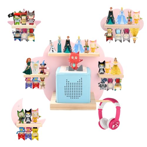 Taladad for Toniebox 2/1 Tonie Shelf Wall Mounted Set,Tonies Figures Tonies Storage,Magnetic Wooden Floating Shelves Compatible with Tonie Box Player Character for Children Room(Pink-Set)