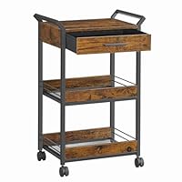 VASAGLE Rollwagen, Küchenwagen 3 Ebenen, Servierwagen mit Bremsen, Holzspanplatte, obere Schublade, Aufbewahrungsregal für Küche, Badezimmer, Schlafzimmer, vintagebraun-tintenschwarz LRC048K01
