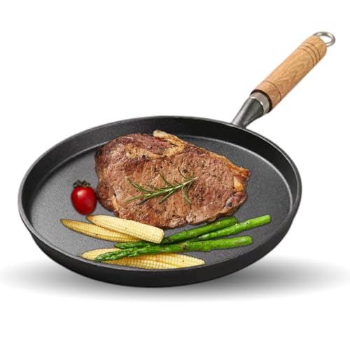 CEWROM Gusseisenpfanne Induktion Grillpfanne 20cm, Cast Iron Pan Gusspfanne mit Holzgriff, Runde Pfanne Gusseisen, Tragbar Eierpfanne Bratpfanne für Camping Kochen Gasherd