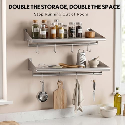 Image of Skyflame 2 Pack Stainless Steel Wall Shelf with 4 Hooks, 12 inch x 24 inch