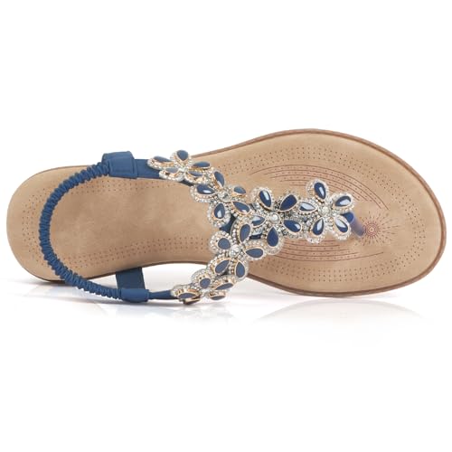 Image of iCKER Women Rhinestone Sandals T-Strap Buckle Bohemian Pearl Crystal Flat Sandals