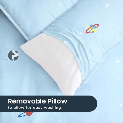 Image of Wake In Cloud - Toddler Nap Mat with Pillow and Blanket, 100% Cotton Fabric, for Kids Boys Ages 3 Plus in Daycare Kindergarten Preschool, Roll Up Sleeping Bag, Galaxy Spaces