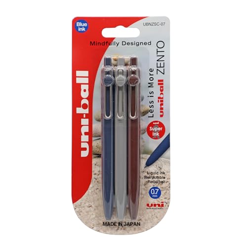 Uni-Ball Zento Rollerball Pens Fine 0.7mm Blue Ink Ultra Smooth Writing Assorted Barrel Colors (Pack of 3)