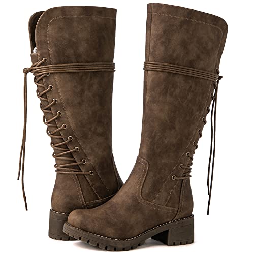 GLOBALWIN Women’s Camel Lace Up Back Boots Knee High Boots Fashion Boots For Women 7.5M