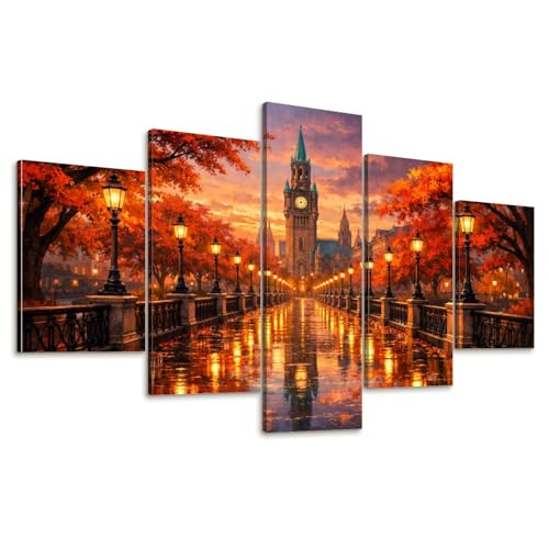 5 Pcs Canvas Wall Art Autumn City Street Clock Tower Glowing Lanterns Rain Reflections Warm Photo Prints Realism Stretched and Framed Artworks Modern Wall Decor for Living Room Bedroom Office