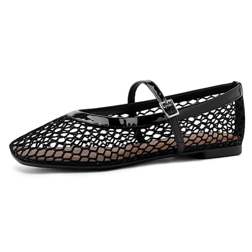 Rihero Mesh Ballet Flats for Women Comfortable Square Toe Ballerina Flats Buckle Strap Casual Fishnet Flat Shoes