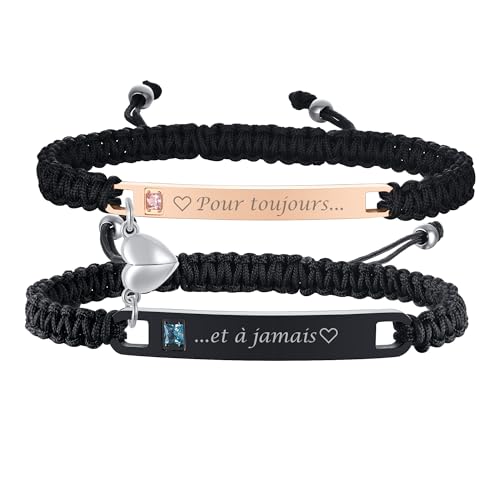 Gamtic 2PCS Bracelets Couple Amoureaux Personalisés - Bracelet Réglable en Cordon Tressé Acier Inoxydable Zircon Cristal Bracelet avec Gravure Bracelets...