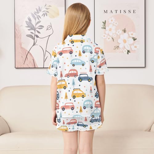 ALAZA Cartoon Car Polka Dot Tree Pajamas Satin Pajama Set Short Sleeve Button Down Sleepwear4