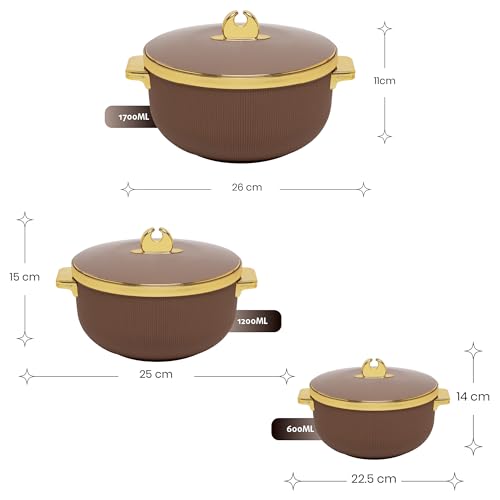 Image of SELVEL Royal Linex Casserole Collection | Insulated Hot Cases | Stainless Steel Inner | BPA-Free | Brown & Lime Green | (Royal Linex Casserole - Brown, Set of 3 (600ml+1200ml+1700ml))