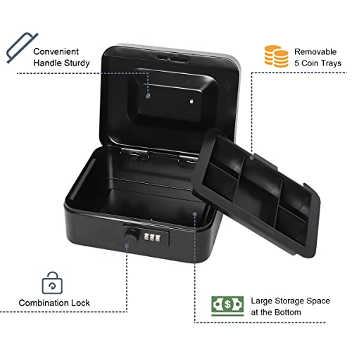 Kentoko Cash Box With Combination Lock Safe Durable Metal Money Box With Money Tray For Security Lock Box, Black, 7.87" X 6.3" X 3.54" #TOP5