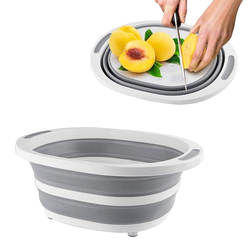 Image of Collapsible Multi-Purpose Plastic Dish Basin 8L(2 Gallon), Space Saving Dish Tub, Folding Chopping Board, 3 in 1 Multifunction Camping Sink for Dish Washing, BBQ Prep, Camping (Gray-1)