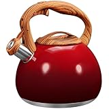 GGC Tea Kettle for Stove Top, 3.1QT/3L Whistling Tea Kettles for Boiling Water Coffee or Milk, Gradient Red Pot with Wood Parttern Handle, Stainless Steel Kettle Pot for Home and Kitchen