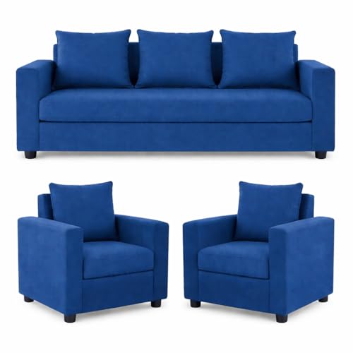Image of Wood 3+1+1 Sofa Set 5 Seater | Velvet Fabric Upholstery | Wooden Frame Sofa Set with 3 Seater & 2 Single Chairs for Living Room, Home & Office (Blue)