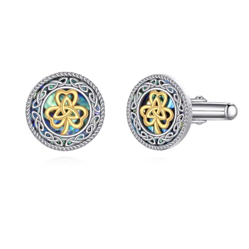 Three Leaf Clover Cufflinks 925 Sterling Silver Abalone Shell Celtic Knot Shamrock Cuff Links Irish Jewelry for Men Father Husband Groomsmen