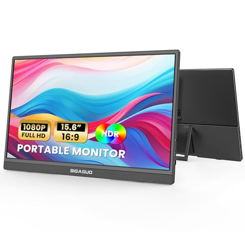 Bigasuo BG156 Portable Monitor, 15.6'' Fhd 1080P Usb-C Hdmi Travel Laptop Monitor, Hdr Ips Ultra-Slim Gaming Monitor With Kickstand & Speakers, External Monitor For Laptop Pc Mac Phone Ps4/5 Xbox Switch cover