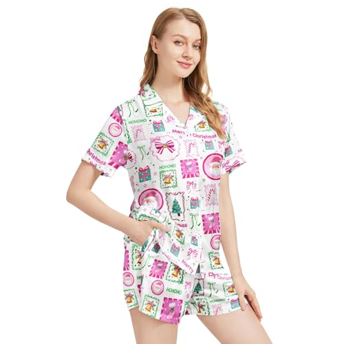Image of Funny Satin Pajamas Set for Women Button Down Sleepwear Print Pjs Set 2 Piece Short Sleeve Loungewear Gift for Women