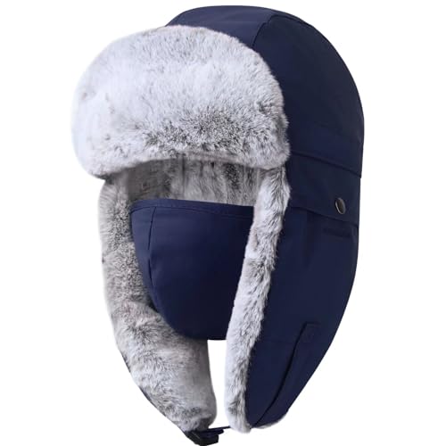 Photo de GADIEMKENSD Ushanka Trapper Chapeau d'hiver Unisexe avec Sangle d'oreille à Rabat, Bleu, XL