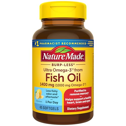 Image of Nature Made Burp Less Ultra Omega 3 Fish Oil Supplement 1400mg, 45 Softgel | Fish Oil Omega 3 Supplements as Ethyl Esters for Healthy Heart, Brain, Eyes and Mood Support, One Per Day, 45 Day Supply