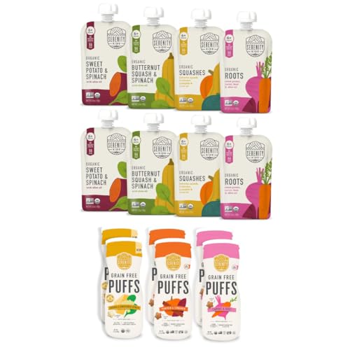 Image of Serenity Kids 6+ Months Veggie Pouches and Grain-Free Puffs Variety Pack Baby Food Bundle | Veggies and Puffs Variety Pack (14 Count)