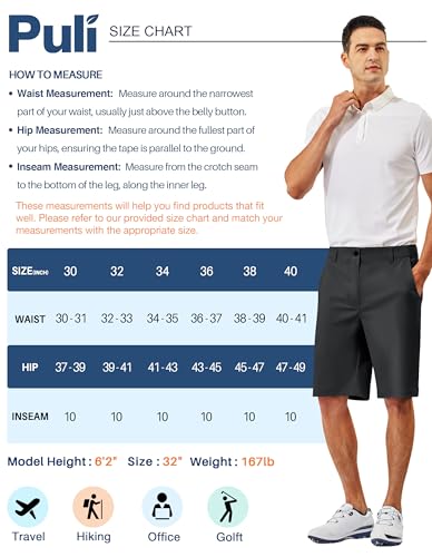 PULI Short masculino para golfe, 25 cm, entrepernas, casual, frente plana, verão, trilhas, shorts co