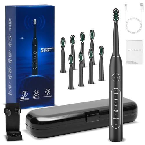 SunnyNest Electric Toothbrush for Adults with 8 Replacement Brush Heads, Travel Bag, 5 Cleaning...