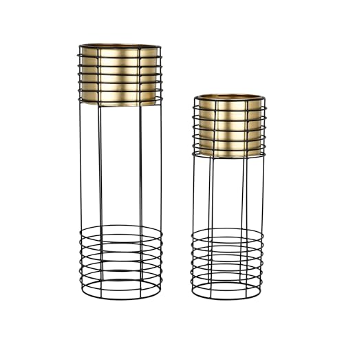 Image of Metal Floor Planter with Stands (Set of 2), Modern Tall Planter for Home Decor, Decorative Plantpot for Living Room Balcony Office, Big Plant Stand with Pots (Plants not Included) (Gold Pot & Black Stand)
