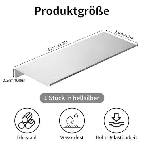 Uncle Yang Weißes Edelstahl-Wandregal - Schwebendes Regal für Bad Küche Wohnzimmer - Kein Bohren erforderlich Wandregal Duschregal Metallregal Aufbewahrungsregal (Silber, 30 cm, 1pc)
