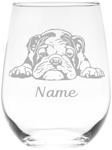 C M English Bulldog with Name 17 oz. Custom Stemless Wine Glass -...