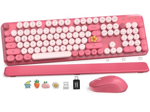 Wireless Keyboard and Mouse Combo, Cute Hot Pink Full-Size Retro Typewriter Keyboard with Round...