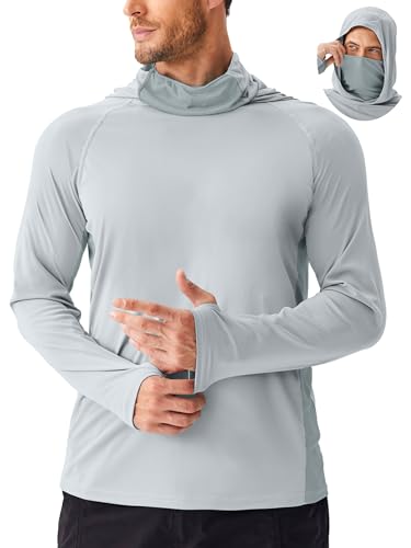 Sun Protection Hoodie for Men with Mask UPF 50+ Men Rash Guard Long Sleeve Shirt Cooling Hoodies Swimming Running Shirts 2XL Light Grey