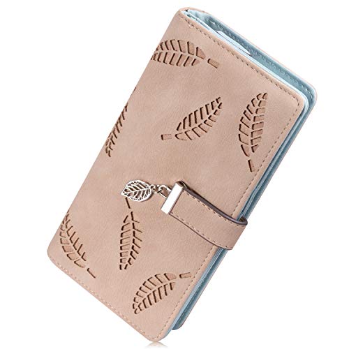 Geldbeutel Damen Leder, Geldbörse mit Hohle Blätter Gross Geldbörse Damen Groß Viele Fächer mit Handyfach Portemonnaie Frauen RFID Schutz Reißverschluss RFID-Schutz Lang Portemonnaie (Khaki)