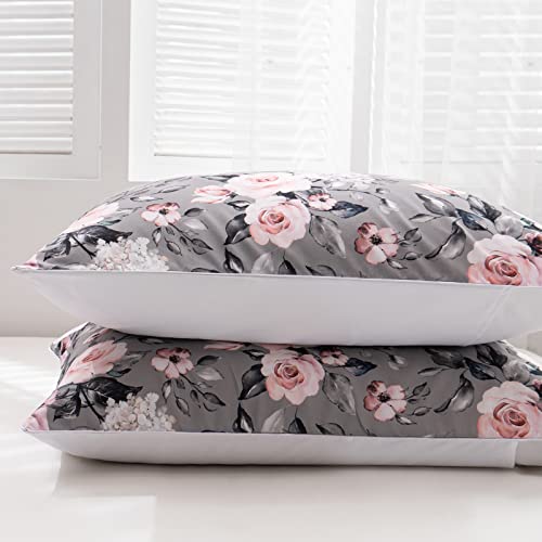 Toptree Rose Floral Duvet Cover Queen - Aesthetic Garden Pink Floral Bedding Set Modern Trendy Flower Bed Set With Botanical Leaf For Women Aldult（Grey, Queen） #TOP3