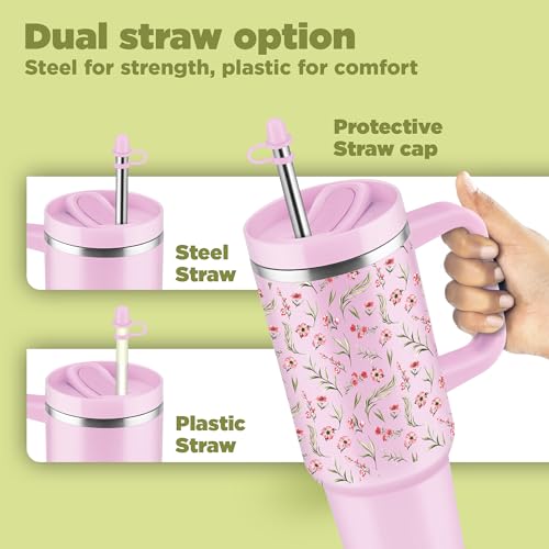 Image of MILTON Malmo 1200 Thermosteel Double Wall Vacuum Insulated Stainless Steel Tumbler with Handle 1100ml, Travel Mug with Straw,Silicon Cap,Cleaning Brush,Hot & Cold Beverage Flask,Floral Pink